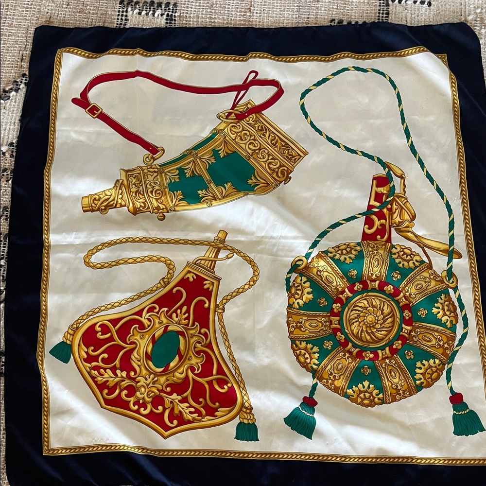Elegant Silk Scarf with Gold and Green Accents